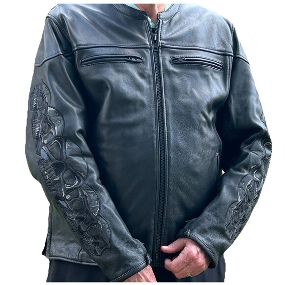 Wilson Leather Biker Jacket Embroidered Skulls Heavy Excellent Condition SZ XL